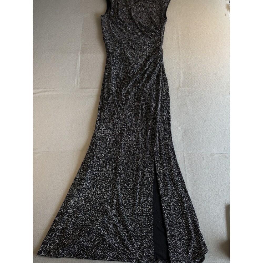 Willow Glenn Black Silver Polka Dot Ruched Maxi Gown Dress Women's Size 10